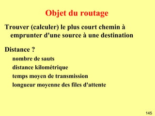 Objet du routage
Trouver (calculer) le plus court chemin à
 emprunter d'une source à une destination

Distance ?
  nombre de sauts
  distance kilométrique
  temps moyen de transmission
  longueur moyenne des files d'attente



                                            145
 
