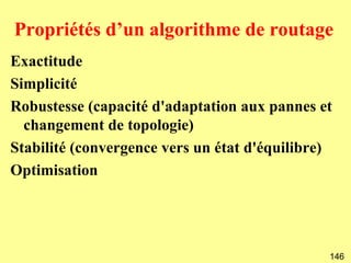 Propriétés d’un algorithme de routage
Exactitude
Simplicité
Robustesse (capacité d'adaptation aux pannes et
  changement de topologie)
Stabilité (convergence vers un état d'équilibre)
Optimisation




                                               146
 