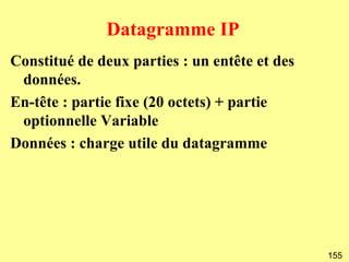 Datagramme IP
Constitué de deux parties : un entête et des
 données.
En-tête : partie fixe (20 octets) + partie
 optionnelle Variable
Données : charge utile du datagramme




                                               155
 