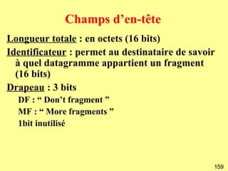 Champs d’en-tête
Longueur totale : en octets (16 bits)
Identificateur : permet au destinataire de savoir
  à quel datagramme appartient un fragment
  (16 bits)
Drapeau : 3 bits
  DF : “ Don’t fragment ”
  MF : “ More fragments ”
  1bit inutilisé



                                                159
 