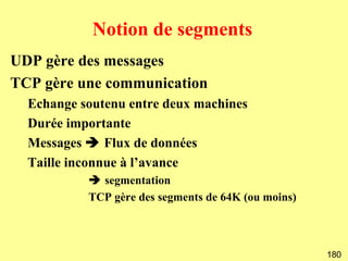 Notion de segments
UDP gère des messages
TCP gère une communication
  Echange soutenu entre deux machines
  Durée importante
  Messages  Flux de données
  Taille inconnue à l’avance
            segmentation
           TCP gère des segments de 64K (ou moins)



                                                     180
 