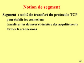 Notion de segment
Segment : unité de transfert du protocole TCP
  pour établir les connexions
  transférer les données et émettre des acquittements
  fermer les connexions




                                                        182
 