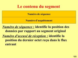 Le contenu du segment
                 Numéro de séquence

                Numéro d’acquittement

Numéro de séquence : identifie la position des
 données par rapport au segment original
Numéro d’accusé de réception : identifie la
 position du dernier octet reçu dans le flux
 entrant


                                                 185
 