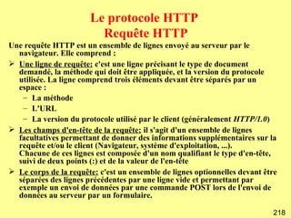 Le protocole HTTP
                         Requête HTTP
Une requête HTTP est un ensemble de lignes envoyé au serveur par le
  navigateur. Elle comprend :
 Une ligne de requête: c'est une ligne précisant le type de document
  demandé, la méthode qui doit être appliquée, et la version du protocole
  utilisée. La ligne comprend trois éléments devant être séparés par un
  espace :
   – La méthode
   – L'URL
   – La version du protocole utilisé par le client (généralement HTTP/1.0)
 Les champs d'en-tête de la requête: il s'agit d'un ensemble de lignes
  facultatives permettant de donner des informations supplémentaires sur la
  requête et/ou le client (Navigateur, système d'exploitation, ...).
  Chacune de ces lignes est composée d'un nom qualifiant le type d'en-tête,
  suivi de deux points (:) et de la valeur de l'en-tête
 Le corps de la requête: c'est un ensemble de lignes optionnelles devant être
  séparées des lignes précédentes par une ligne vide et permettant par
  exemple un envoi de données par une commande POST lors de l'envoi de
  données au serveur par un formulaire.

                                                                            218
 
