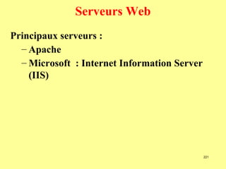 Serveurs Web
Principaux serveurs :
  – Apache
  – Microsoft : Internet Information Server
    (IIS)




                                              221
 