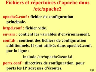 Fichiers et répertoires d'apache dans
              /etc/apache2
apache2.conf : fichier de configuration
  principale.
httpd.conf : fichier vide.
envars : contient les variables d'environnement.
conf.d/ : contient des fichiers de configuration
  additionnels. Il sont utilisés dans apache2.conf,
  par la ligne :
            Include /etc/apache2/conf.d
ports.conf : directives de configuration pour
  ports les IP adresses d'écoutes.                234
 