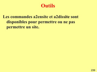 Outils

Les commandes a2ensite et a2dissite sont
 disponibles pour permettre ou ne pas
 permettre un site.




                                           239
 
