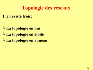Topologie des réseaux
Il en existe trois:

 La topologie en bus
 La topologie en étoile
 La topologie en anneau




                                    3
 