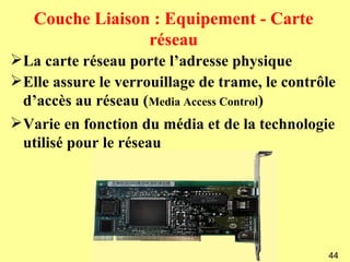 Couche Liaison : Equipement - Carte
                 réseau
La carte réseau porte l’adresse physique
Elle assure le verrouillage de trame, le contrôle
 d’accès au réseau (Media Access Control)
Varie en fonction du média et de la technologie
 utilisé pour le réseau




                                                44
 