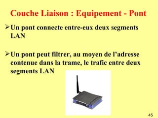 Couche Liaison : Equipement - Pont
Un pont connecte entre-eux deux segments
 LAN

Un pont peut filtrer, au moyen de l’adresse
 contenue dans la trame, le trafic entre deux
 segments LAN




                                                45
 