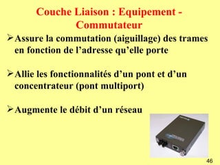 Couche Liaison : Equipement -
              Commutateur
Assure la commutation (aiguillage) des trames
 en fonction de l’adresse qu’elle porte

Allie les fonctionnalités d’un pont et d’un
 concentrateur (pont multiport)

Augmente le débit d’un réseau




                                               46
 