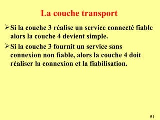 La couche transport
Si la couche 3 réalise un service connecté fiable
 alors la couche 4 devient simple.
Si la couche 3 fournit un service sans
 connexion non fiable, alors la couche 4 doit
 réaliser la connexion et la fiabilisation.




                                                 51
 