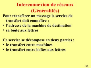 Interconnexion de réseaux
              (Généralités)
Pour transférer un message le service de
  transfert doit connaître :
• l’adresse de la machine de destination
• sa boîte aux lettres

Ce service se décompose en deux parties :
• le transfert entre machines
• le transfert entre boîtes aux lettres



                                            58
 