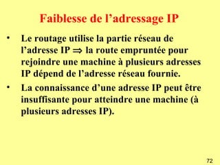 Faiblesse de l’adressage IP
•   Le routage utilise la partie réseau de
    l’adresse IP ⇒ la route empruntée pour
    rejoindre une machine à plusieurs adresses
    IP dépend de l’adresse réseau fournie.
•   La connaissance d’une adresse IP peut être
    insuffisante pour atteindre une machine (à
    plusieurs adresses IP).



                                                 72
 