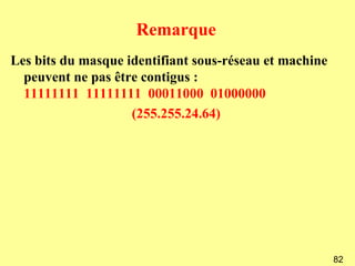 Remarque
Les bits du masque identifiant sous-réseau et machine
  peuvent ne pas être contigus :
  11111111 11111111 00011000 01000000
                    (255.255.24.64)




                                                        82
 