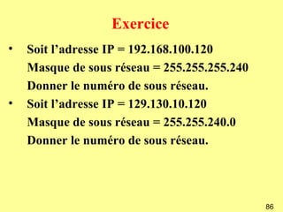 Exercice
•   Soit l’adresse IP = 192.168.100.120
    Masque de sous réseau = 255.255.255.240
    Donner le numéro de sous réseau.
•   Soit l’adresse IP = 129.130.10.120
    Masque de sous réseau = 255.255.240.0
    Donner le numéro de sous réseau.




                                              86
 