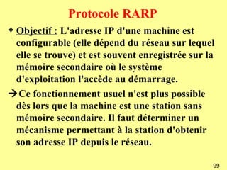 Protocole RARP
3Objectif : L'adresse IP d'une machine est
 configurable (elle dépend du réseau sur lequel
 elle se trouve) et est souvent enregistrée sur la
 mémoire secondaire où le système
 d'exploitation l'accède au démarrage.
Ce fonctionnement usuel n'est plus possible
 dès lors que la machine est une station sans
 mémoire secondaire. Il faut déterminer un
 mécanisme permettant à la station d'obtenir
 son adresse IP depuis le réseau.

                                                 99
 