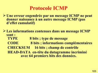 Protocole ICMP
 Une erreur engendrée par un message ICMP ne peut
  donner naissance à un autre message ICMP (pas
  d’effet cumulatif)

 Les informations contenues dans un message ICMP
  sont :
   TYPE         8 bits ; type de message
   CODE          8 bits ; informations complémentaires
   CHECKSUM 16 bits ; champ de contrôle
   HEAD-DATA en-tête du datagramme incriminé
           avec 64 premiers bits des données.


                                                     103
 