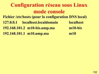 Configuration réseau sous Linux
             mode console
Fichier /etc/hosts (pour la configuration DNS local)
127.0.0.1 localhost.localdomain           localhost
192.168.101.2 m10-bis.ump.ma              m10-bis
192.168.101.1 m10.ump.ma                  m10




                                                       132
 