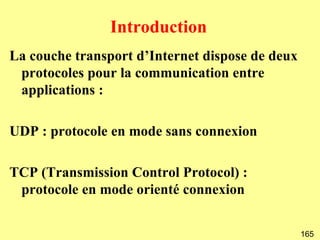 Introduction
La couche transport d’Internet dispose de deux
 protocoles pour la communication entre
 applications :

UDP : protocole en mode sans connexion

TCP (Transmission Control Protocol) :
 protocole en mode orienté connexion


                                                 165
 