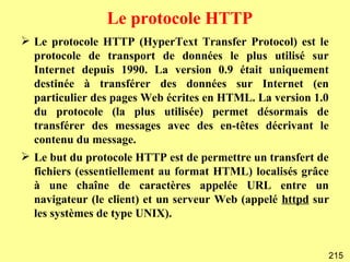 Le protocole HTTP
 Le protocole HTTP (HyperText Transfer Protocol) est le
  protocole de transport de données le plus utilisé sur
  Internet depuis 1990. La version 0.9 était uniquement
  destinée à transférer des données sur Internet (en
  particulier des pages Web écrites en HTML. La version 1.0
  du protocole (la plus utilisée) permet désormais de
  transférer des messages avec des en-têtes décrivant le
  contenu du message.
 Le but du protocole HTTP est de permettre un transfert de
  fichiers (essentiellement au format HTML) localisés grâce
  à une chaîne de caractères appelée URL entre un
  navigateur (le client) et un serveur Web (appelé httpd sur
  les systèmes de type UNIX).


                                                           215
 