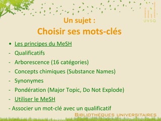 Un sujet : Choisir ses mots-clés Les principes du MeSH Qualificatifs Arborescence (16 catégories) Concepts chimiques (Substance Names) Synonymes Pondération (Major Topic, Do Not Explode) Utiliser le MeSH   - Associer un mot-clé avec un qualificatif 