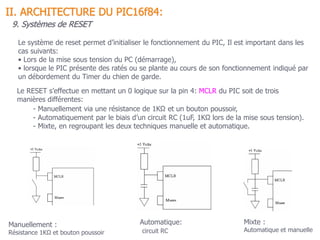 107
Le système de reset permet d’initialiser le fonctionnement du PIC, Il est important dans les
cas suivants:
• Lors de la mise sous tension du PC (démarrage),
• lorsque le PIC présente des ratés ou se plante au cours de son fonctionnement indiqué par
un débordement du Timer du chien de garde.
Le RESET s’effectue en mettant un 0 logique sur la pin 4: MCLR du PIC soit de trois
manières différentes:
- Manuellement via une résistance de 1KΩ et un bouton poussoir,
- Automatiquement par le biais d’un circuit RC (1uF, 1KΩ lors de la mise sous tension).
- Mixte, en regroupant les deux techniques manuelle et automatique.
Manuellement :
Résistance 1KΩ et bouton poussoir
Automatique:
circuit RC
Mixte :
Automatique et manuelle
9. Systèmes de RESET
II. ARCHITECTURE DU PIC16f84:
 