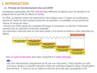 19
L’architecture particulière des PICs Harvard (Bus différents et séparés pour les données et le
programme) lui permet de réduire ce temps.
En effet, un pipeline (chaîne de traitement) à deux étages avec 2 niveaux (ou profondeur)
permet de mener les deux phases (recherche et exécution ) en parallèle, ce qui permet de
réduire ce temps par deux :
• Durant une même phase de 4 périodes d’horloge, le processeur va chercher l’instruction
suivante tout en exécutant l’instruction présente.
une instruction s’exécute alors en une seule phase c-à-d durant la moitié du cycle instruction du
départ.
NB :
Lors d’un déroutement (changement du PC par une instruction), il faut rajouter un cycle
mort pour charger la nouvelle instruction avant son exécution (appel et retour d’interruption,
branchement…). Dans ce cas on utilise la mémoire de la pile pour sauvegarder le PC.
11. Principe de fonctionnement d’un pic16F84
I. INTRODUCTION
Ainsi un cycle d’instruction dure alors uniquement 4 cycles d’horloge.
 