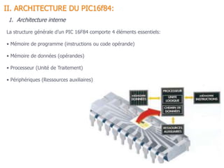 II. ARCHITECTURE DU PIC16f84:
1. Architecture interne
La structure générale d’un PIC 16F84 comporte 4 éléments essentiels:
• Mémoire de programme (instructions ou code opérande)
• Mémoire de données (opérandes)
• Processeur (Unité de Traitement)
• Périphériques (Ressources auxiliaires)
 