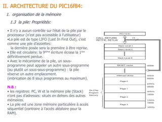 • Il n’y a aucun contrôle sur l’état de la pile par le
processeur (n’est pas accessible à l’utilisateur)
•La pile est de type LIFO (Last In First Out), c’est
comme une pile d’assiettes:
la dernière posée sera la première à être reprise.
• Elle est circulaire: la 9ième écriture écrase la 1ère
définitivement perdue.
• Avec le mécanisme de la pile, un sous-
programme peut appeler un autre sous-programme
(ou plutôt un sous-sous-programme) : la pile
réserve un autre emplacement.
(imbrication de 8 sous programmes au maximum).
N.B :
• les registres: PC, W et la mémoire pile (Stack)
n’ont pas d’adresses: situés en dehors des autres
mémoires.
• La pile est une zone mémoire particulière à accès
séquentiel (contraire à l’accès aléatoire pour la
RAM).
1.3 la pile: Propriétés:
1. organisation de la mémoire
II. ARCHITECTURE DU PIC16f84:
 