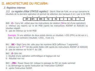 3.3. Le registre d’état STATUS register): Décrit l’état de l‘UAL en ce qui concerne le
résultats de la dernière opération et permet de sélection des banques 0 et 1 par le bit RP0.
II. ARCHITECTURE DU PIC16f84:
3. Registres internes
Bit0 : C= Carry bit: utilisé pour les instructions de rotation (9ème bit d’une opération)
1: retenue (ou report) sur le bit MSB (après les instructions ADDWF et ADDLW) ou
résultas négatif.
0 : pas de retenue sur le bit MSB
Bit1 : DC= Digit Carry bit: utile pour les nombres BCD (afficheur 7 segments)
1: retenue sur le 4ème bit des poids faible LSB (après les instructions ADDWF et ADDLW)
0 : pas de retenue sur le bit 4 du LSB
Bit2 : Z=Zéro bit:
1: résultat d’une opération arithmétique et logique est nul
0 : Résultat non nul
Exemple: Si une addition de deux octets donne un résultats >255 (FFh) ce bit est à 1,
dans le cas contraire (résultats <255) , il est à 0.
Bit3 : /PD= Power Down bit: indique le passage du PIC en mode sommeil
1: au démarrage ou après l’exécution de l’instruction CLRWDT
0 : après l’instruction SLEEP.
 