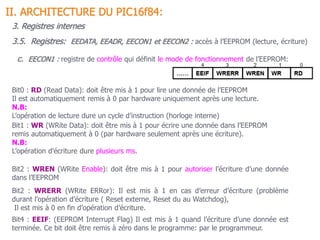 II. ARCHITECTURE DU PIC16f84:
3. Registres internes
Bit4 : EEIF: (EEPROM Interrupt Flag) Il est mis à 1 quand l’écriture d’une donnée est
terminée. Ce bit doit être remis à zéro dans le programme: par le programmeur.
Bit2 : WREN (WRite Enable): doit être mis à 1 pour autoriser l’écriture d’une donnée
dans l’EEPROM
Bit2 : WRERR (WRite ERRor): Il est mis à 1 en cas d’erreur d’écriture (problème
durant l’opération d’écriture ( Reset externe, Reset du au Watchdog),
Il est mis à 0 en fin d’opération d’écriture.
3.5. Registres: EEDATA, EEADR, EECON1 et EECON2 : accès à l’EEPROM (lecture, écriture)
Bit0 : RD (Read Data): doit être mis à 1 pour lire une donnée de l’EEPROM
Il est automatiquement remis à 0 par hardware uniquement après une lecture.
N.B:
L’opération de lecture dure un cycle d’instruction (horloge interne)
Bit1 : WR (WRite Data): doit être mis à 1 pour écrire une donnée dans l’EEPROM
remis automatiquement à 0 (par hardware seulement après une écriture).
N.B:
L’opération d’écriture dure plusieurs ms.
c. EECON1 : registre de contrôle qui définit le mode de fonctionnement de l’EEPROM:
 
