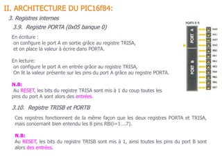 II. ARCHITECTURE DU PIC16f84:
3. Registres internes
3.10. Registre TRISB et PORTB
Ces registres fonctionnent de la même façon que les deux registres PORTA et TRISA,
mais concernant bien entendu les 8 pins RBi(i=1….7).
N.B:
Au RESET, les bits du registre TRISB sont mis à 1, ainsi toutes les pins du port B sont
alors des entrées.
En écriture :
on configure le port A en sortie grâce au registre TRISA,
et on place la valeur à écrire dans PORTA.
En lecture:
on configure le port A en entrée grâce au registre TRISA,
On lit la valeur présente sur les pins du port A grâce au registre PORTA.
N.B:
Au RESET, les bits du registre TRISA sont mis à 1 du coup toutes les
pins du port A sont alors des entrées.
3.9. Registre PORTA (0x05 banque 0)
 