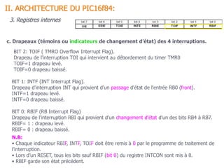 BIT 0: RBIF (RB Interrupt Flag)
Drapeau de l'interruption RBI qui provient d'un changement d'état d'un des bits RB4 à RB7.
RBIF= 1 : drapeau levé.
RBIF= 0 : drapeau baissé.
BIT 1: INTF (INT Interrupt Flag).
Drapeau d'interruption INT qui provient d'un passage d'état de l'entrée RB0 (front).
INTF=1 drapeau levé.
INTF=0 drapeau baissé.
BIT 2: TOIF ( TMRO Overflow Interrupt Flag).
Drapeau de l'interruption TOI qui intervient au débordement du timer TMR0
TOIF=1 drapeau levé.
TOIF=0 drapeau baissé.
c. Drapeaux (témoins ou indicateurs de changement d’état) des 4 interruptions.
N.B:
• Chaque indicateur RBIF, INTF, TOIF doit être remis à 0 par le programme de traitement de
l’interruption.
• Lors d’un RESET, tous les bits sauf RBIF (bit 0) du registre INTCON sont mis à 0.
• RBIF garde son état précédent.
II. ARCHITECTURE DU PIC16f84:
3. Registres internes
 