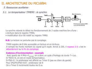 5.1. Le temporisateur TIMER0 : la synchro
II. ARCHITECTURE DU PIC16f84:
5. Ressources auxiliaires
Cadence d’incrémentation : exemple
Avec quartz de 4 MHz=Fhorloge, on a donc un cycle d’horloge de durée T=1us.
Si TOCS=0, on est en mode temporisateur,
Si PSA=0 : le prédiviseur est affecté au Timer 0 (pas au chien de garde)
Pour (PS2PS1PS0=010 : prédiviseur de 8
On a Timer 0 incrémenté toutes les 8 us
La synchro retarde le début du fonctionnement de 2 cycles machine lors d’une :
• écriture dans le registre TMR0,
• modification d’un bit relatif au registre TMR0.
N.B: La lecture ne perturbe pas le comptage.
TMR0 registre de 8 bits accessible en lecture et en écriture.
Il compte les fronts montant du signal qu’il reçoit. Arrivé à 255, il repasse à 0: c’est le
débordement ou la fin de comptage.
 