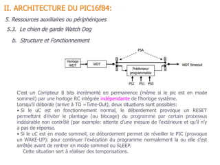5.3. Le chien de garde Watch Dog
II. ARCHITECTURE DU PIC16f84:
C’est un Compteur 8 bits incrémenté en permanence (même si le pic est en mode
sommeil) par une horloge RC intégrée indépendante de l’horloge système.
Lorsqu’il déborde (arrive à TO =Time-Out), deux situations sont possibles:
• Si le uC est en fonctionnement normal, le débordement provoque un RESET
permettant d’éviter le plantage (ou blocage) du programme par certain processus
indésirable non contrôlé (par exemple: attente d’une mesure de l’extérieure et qu’il n’y
a pas de réponse.
• Si le uC est en mode sommeil, ce débordement permet de réveiller le PIC (provoque
un WAKE-UP): pour continuer l’exécution du programme normalement la ou elle s’est
arrêtée avant de rentrer en mode sommeil ou SLEEP.
Cette situation sert à réaliser des temporisations.
5. Ressources auxiliaires ou périphériques
b. Structure et Fonctionnement
 