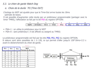 L’horloge du WDT est ajustée pour que le Time-Out arrive toutes les 18ms
(période de base).
Il est possible d’augmenter cette durée par un prédiviseur programmable (partager avec le
timer TMR0), l’affectation se fait par le bit PSA du registre OPTION:
• PSA=1 : on utilise le prédiviseur pour le WDT
• PSA=0 : sans prédiviseur ( il est affecté ou assigné au TMR0)
Le prédiviseur programmable est fixé par les bits PS0, PS1, PS2 du registre OPTION.
8 valeurs sont alors possibles de 1 à 128, ce qui permet d’aller jusqu’à 128*18ms=2.3 s
avant le déclenchement du chien de garde.
e. Choix de la durée TO (Time OUT)
5.3. Le chien de garde Watch Dog
 