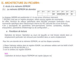 a. Procédure de lecture
Pour lire une donnée de la mémoire EEPROM, on suit les étapes suivantes:
1 Placer l’adresse relative dans le registre EEADR. Les adresses valides sont de 0x00 à 0x2F.
2 Mettre le bit RD de EECON1 à 1
3 Lire le contenu du registre EEDATA
Opération de lecture: Opération au cours de laquelle un mot binaire stocké dans un
emplacement particulier est retrouvé puis transféré dans un autre emplacement
5.1. La mémoire EEPROM de données
II. ARCHITECTURE DU PIC16f84:
Le drapeau WRERR est positionnée à 1 si une erreur d’écriture intervient.
* EECON2 n’est pas un registre physique, utilisé comme registre de commande.
En effet, l’écriture de valeurs spécifiques dans EECON2 provoque l’exécution d’une
commande spécifique dans l’électronique interne du PIC (sécurité lors d’une écriture).
• On y sauvegarde les paramètres semi-permanents comme: constantes, résultats
d’acquisition, paramètres d’étalonnage ou de configuration…,
N.B:
L’opération de lecture depuis l’EEPROM est rapide (qlques ns)
5. Accès à la mémoire EEPROM
 