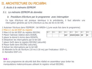 b. Procédure d’écriture par le programme avec interruption
5.1. La mémoire EEPROM de données
II. ARCHITECTURE DU PIC16f84:
Ce type d’écriture est presque identique à la précédente, il faut attendre une
interruption générée par la fin d’écriture au lieu de lire le bit WR.
1 Autoriser l’écriture dans l’EEPROM : bit WREN=1,(une seule fois dans le programme)
2 Mise à 1 du bit EEIF du registre
3 Mise à 0 du bit EEIF du registre EECON1
4 Placer l’adresse relative dans EEADR,
5 placer la donné à écrire dans EEDATA,
6 Désactiver les interruptions par le bit GIE
7 placer 0x55 dans le registre EECON2 (sécurité)
8 Placer 0xAA dans EECON2 (sécurité),
9 Activer les interruptions par le bit GIE
10 Attendre la fin de l’écriture (10 ms à 20 ms) par l’indicateur: EEIF=1,
11 Remettre EEIF à 0.
N.B :
Un sous programme de sécurité doit être réalisé en assembleur pour éviter les
manipulations malencontreuses utilisant le registre virtuel EECON2.
5. Accès à la mémoire EEPROM
 