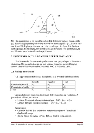 Cours de méthodes de scoring- Hassen MATHLOUTHI Page 35
NB : En augmentant s, on réduit la probabilité de tomber sur des faux positifs
(α) mais on augmente la probabilité d’avoir des faux négatifs (β). A noter aussi
que le modèle le plus performant est celui pour le quel les deux distributions
sont séparées. En revanche, lorsque les deux distributions sont confondues, le
modèle correspondant est le moins performant.
2. PRINCIPAUX OUTILS DE MESURE DE PERFORMANCE
Plusieurs outils de mesure de performance sont proposés par la littérature
statistique. On présente dans ce qui suit trois de ces outils qui sont les plus
connus : la matrice de confusion, la courbe ROC et la courbe LIFT.
2.1 Matrice de confusion
On l’appelle aussi tableau de classement. Elle prend la forme suivante :
Positifs Négatifs Total
Considérés positifs n11 n12 n1.
Considérés négatifs n21 n22 n2..
Total n.1 n.2 n
Ces résultats sont issus d’un traitement de l’échantillon de validation. A
partir de ce tableau, on calcule :
• Le taux d’erreur de classement donné par : MC= (n12+n21) /n
• Le taux de biens classés donné par : BC= (n11 + n22)/n
Remarques :
• Ces taux doivent être interprétés en tenant compte des fluctuations
d’échantillonnage
• Il n’ya pas de référence servant de base pour la comparaison.
G1
G2
S(x)s
1-β
1-α
 