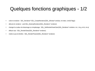 Quelques fonctions graphiques - 1/2
●
créer le renderer : SDL_Renderer* SDL_CreateRenderer(SDL_Window* window, int index, Uint32 flags)
●
détruire le renderer : void SDL_DestroyRenderer(SDL_Renderer* renderer)
●
changer la couleur de dessinage ou remplissage : SDL_SetRenderDrawColor(SDL_Renderer* renderer, int r, int g, int b, int a)
●
effacer tout : SDL_RenderClear(SDL_Renderer* renderer)
●
mettre à jour la fenêtre : SDL_RenderPresent(SDL_Renderer* renderer)
 