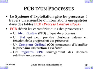 20/10/2019 Cours Système d'Exploitation 60
PCB D’UN PROCESSUS
• Le Système d’Exploitation gère les processus à
travers un ensemble d’informations enregistrées
dans des tables PCB (Process Control Block)
• PCB décrit les caractéristiques des processus :
– Un identificateur (PID) unique du processus
– Un état qui peut prendre plusieurs valeurs en
fonction de la progression des processus.
– Un Compteur Ordinal (CO) permettant d’identifier
la prochaine instruction à exécuter
– Des registres CPU sauvegardant des données
relatives aux processus
 