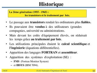 2AGE	

 	

 	

 	

 	

 	

 	

Ecole Nationale d’Ingénieurs de Tunis 	

 12	

Historique	

•  Le passage aux transistors rendait les ordinateurs plus ﬁables.	

•  Ils pouvaient être vendus à des utilisateurs (grandes
compagnies, université ou administrations. 	

•  Mais devant les coûts d'équipement élevés, on réduisait
les temps grâce au traitement par lots. 	

•  Les utilisations principales étaient le calcul scientiﬁque et
l'ingénierie (équations différentielles). 	

•  Apparition des langages FORTRAN et assembleur. 	

•  Apparition des systèmes d'exploitation (SE) : 	

–  FMS (Fortran Monitor System) 	

–  et IBSYS (IBM 7094). 	

La 2ème génération (1955 ­ 1965) : 	

les transistors et le traitement par lots. 	

 