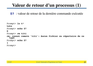 2AGE

 
 
 
 
 
 Ecole Nationale d’Ingénieurs de Tunis 
 25
Valeur de retour d’un processus (1)
$? : valeur de retour de la dernière commande exécutée 
 