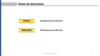 17
BTS ESA : Santé et sécurité
Délais de déclaration
Victime Ne dépasse pas les 24 heures
Hiérarchie Ne dépasse pas les 48 heures
 