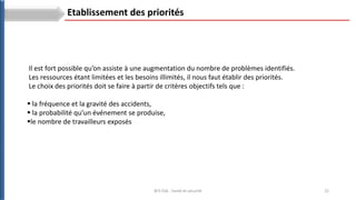 22
BTS ESA : Santé et sécurité
Il est fort possible qu’on assiste à une augmentation du nombre de problèmes identifiés.
Les ressources étant limitées et les besoins illimités, il nous faut établir des priorités.
Le choix des priorités doit se faire à partir de critères objectifs tels que :
 la fréquence et la gravité des accidents,
 la probabilité qu’un événement se produise,
le nombre de travailleurs exposés
Etablissement des priorités
 