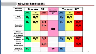 9
BTS SE2 : Santé et sécurité
Personnel
concerné
Travaux BT Intervention
du domaine
BT
Travaux HT
Hors
tension
Au
voisinage
Sous
tension
Hors
tension
Au
voisinage
Sous
tension
Non
électricien B0 B0V H0 H0V
Électricien
exécutant
B1 B1V B1T
B1N
BR
H1 H1V H1T
H1N
Chargé
D’interventio
n ou d’essai
Chargé
de travaux ou
d’essai
B2 B2V B2T H2 H2V H2T
Chargé
de nettoyage
B2N H2N
Chargé de
consignation
BC BC HC
Nouvelles habilitations
 