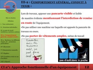 CI n°1 Approche fonctionnelle d’un équipement
Lors de travaux, apposer une pancarte visible et lisible
de manière évidente mentionnant l’interdiction de remise
en route de l’équipement.
•Ne pas utiliser une machine sur laquelle est apposée la pancarte de
travaux en cours.
•Ne pas porter de vêtements amples, même de travail
Mise en situation
Définition
I. Tenu vestimentaire
II. Protections individuelles :
III. Le poste de travail,
installations, machines, systèmes :
III-2 : Comportement
général, conduit à tenir :
III-3 : Machines, les différents
risques, les protections
particulières :
IV°) Électricité :
V°) Manutention manuelle:
VI°) Hygiène :
VII°) Conduite a tenir en cas
d’accident :
VIII°) Objectif :
III-2 : COMPORTEMENT GÉNÉRAL, CONDUIT À
TENIR :
12
 