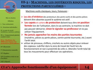 CI n°1 Approche fonctionnelle d’un équipement
Machines outils classiques, tours, fraiseuses :
 Les clés d’inhibition des protecteurs des porte-outils et des portes pièces
doivent être absentes quand le système est actif.
 Les capots et carters de protection doivent tous être en position
fermée lors de l’utilisation, dans le cas contraire, la machine ne doit
pas pouvoir démarrer, sinon le signaler au professeur et ne pas
utiliser l’équipement.
 Ne jamais approcher les mains des parties tournantes
(mandrins, pièces ou porte pièces, contre-pointe tournante, etc.) avant
l’arrêt total.
 utiliser de pinceaux, chiffons, crochets ou autres objets pour enlever
des copeaux. Lubrifier dans la zone de travail de l’outil lors du
fonctionnement et non à proximité de celle-ci. Attendre l’arrêt total de
tous les mouvements pour effectuer ces opérations.
Mise en situation
Définition
I. Tenu vestimentaire
II. Protections individuelles :
III. Le poste de travail,
installations, machines, systèmes :
III-2 : Comportement général,
conduit à tenir :
III-3 : Machines, les
différents risques, les
protections particulières :
IV°) Électricité :
V°) Manutention manuelle:
VI°) Hygiène :
VII°) Conduite a tenir en cas
d’accident :
VIII°) Objectif :
III-3 : MACHINES, LES DIFFÉRENTS RISQUES, LES
PROTECTIONS PARTICULIÈRES :
14
 