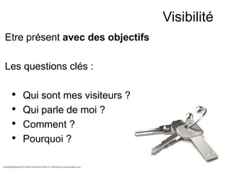 Visibilité
Etre présent avec des objectifs
Les questions clés :

•
•
•
•

Qui sont mes visiteurs ?
Qui parle de moi ?
Comment ?
Pourquoi ?

 
